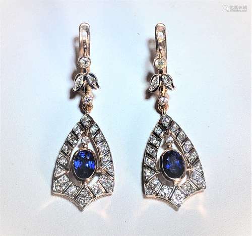 14K White Gold Diamonds And Sapphire Earrings