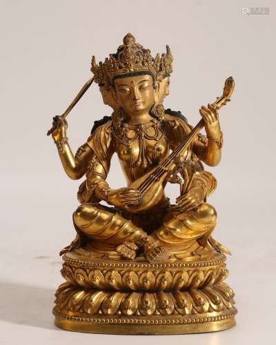 Sino-Tibetan Gilt Bronze Figure Of Saraswati