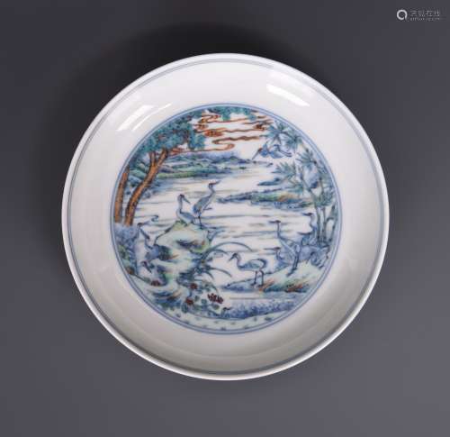 Doucai 'Cranes' Porcelain Dish With Mark