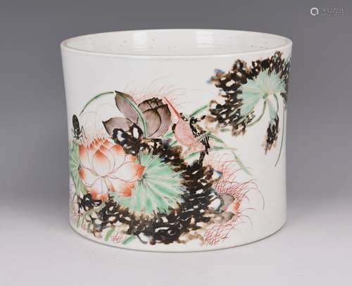 Wucai Porcelain Brush Holder With Calligraphy And Mark