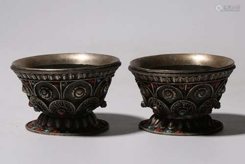 Pair Of Silver With Turquoise And Ruby Stone Inlay Cups