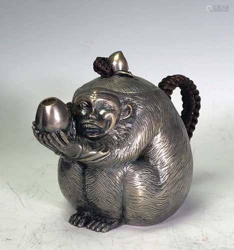 Japanese Silver Monkey Tea Pot with Mark