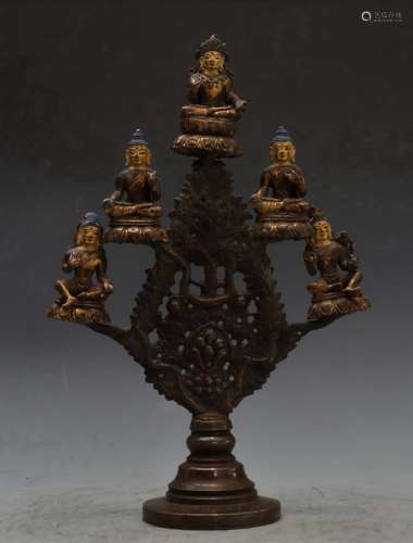 Gilt Bronze Five Seated Buddha Tree-Like Altar