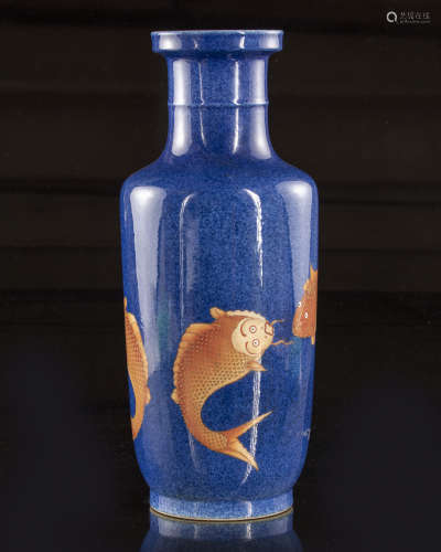 A Chinese fish blue ground rouleau vase
