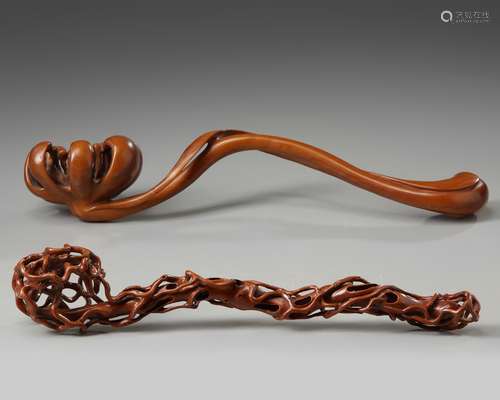 Two Chinese carved boxwood sceptres