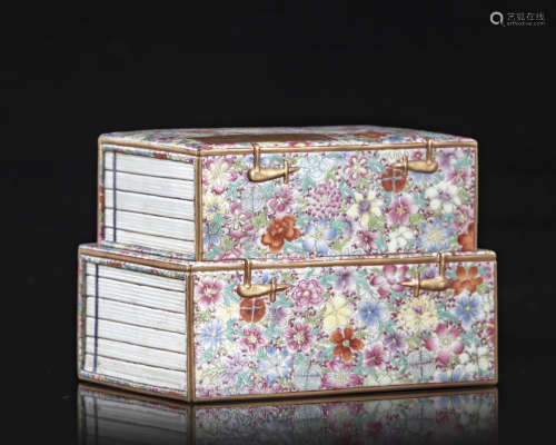 A Chinese famille rose 'millefleurs' 'books' box and cover