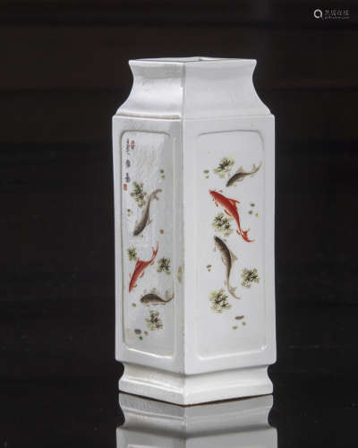 A Chinese square shaped carps vase