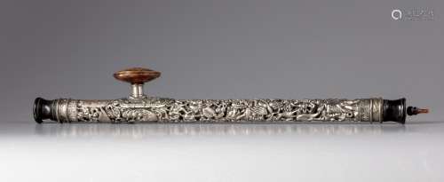 A Chinese bone and silver plated carved opium pipe