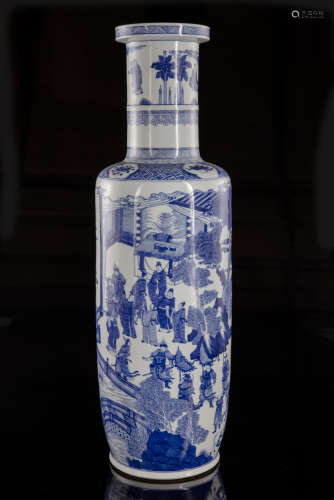 A large Chinese blue and white rouleau vase