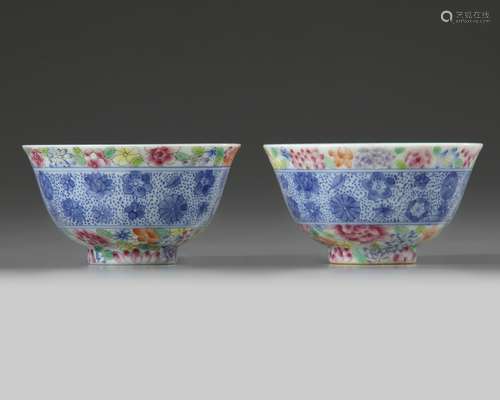 A pair of Chinese famille rose bowls