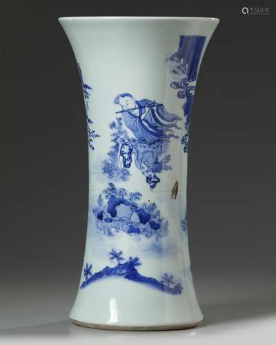 A Chinese blue and white 'Immortals' beaker vase