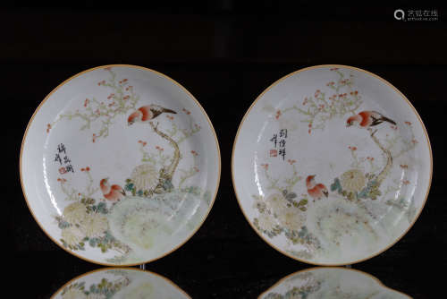 A pair of Chinese famille rose 'bird and flower' dishes