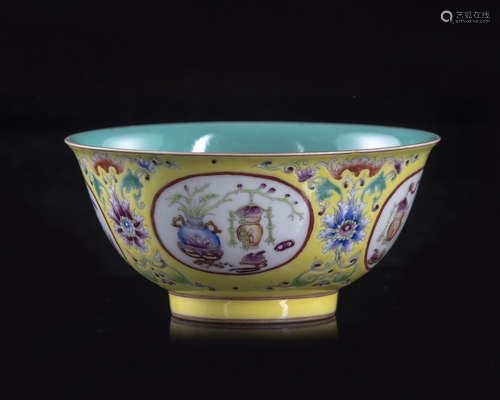 A Chinese yellow-ground famille rose medallion bowl