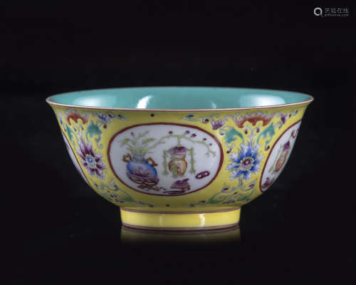 A Chinese yellow-ground famille rose medallion bowl