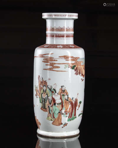 A Chinese famille verte 'Queen Mother of the West' rouleau vase