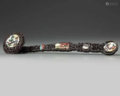 A Chinese ivory inlaid wooden ruyi scepter