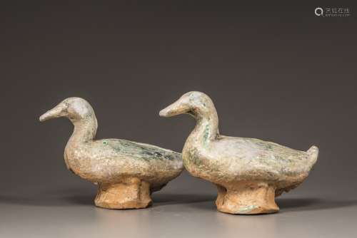 Two Chinese green-glazed red pottery models of ducks