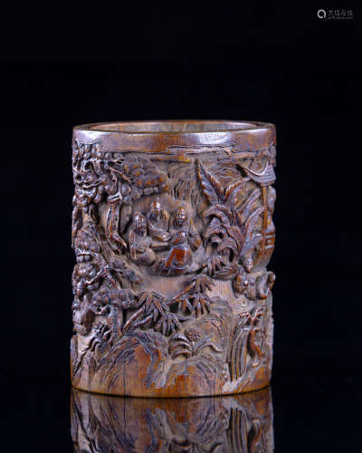 A Chinese bamboo carved brush pot