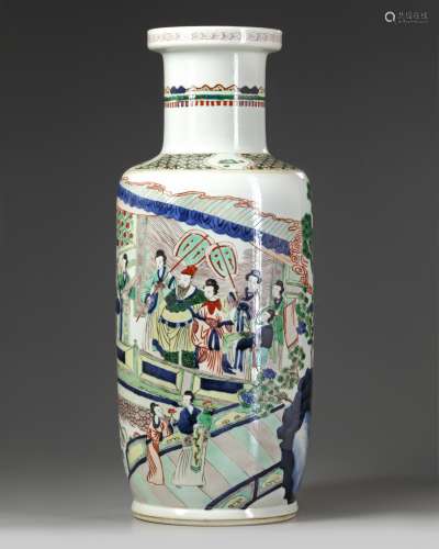 A Chinese famille verte rouleau vase