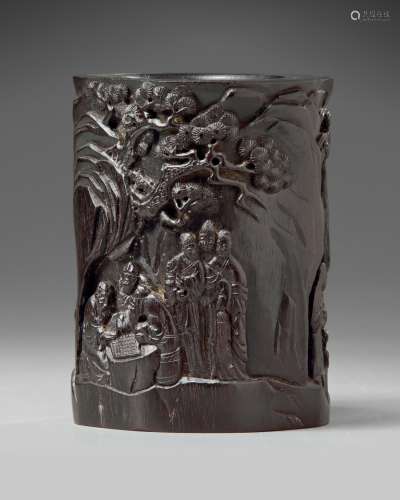 A Chinese hardwood carved brush pot