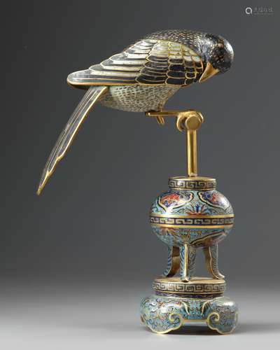 A Chinese cloisonné Magpie on a perch