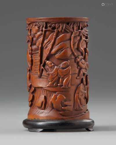 A Chinese wooden carved brush pot