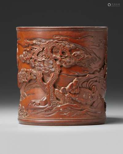 A Chinese wooden brush pot