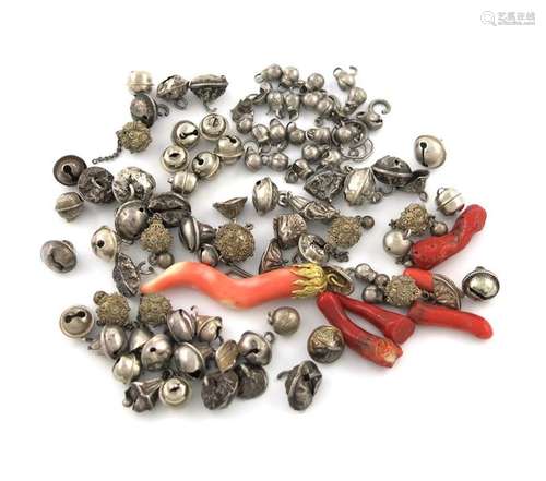 Λ A small collection of silver baby rattle bells, …