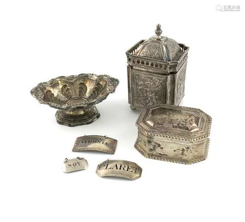 A mixed lot of silver items, comprising: a tea cad…