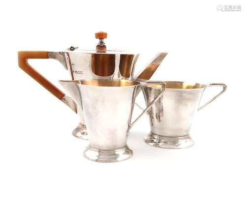 A three piece Art Deco silver tea set, by B and S,…