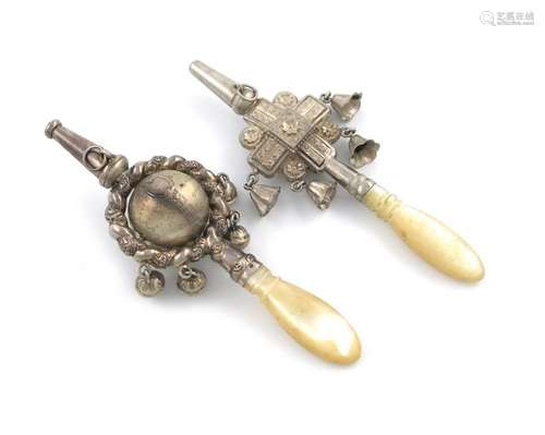 Two 19th century French silver baby rattles and wh…