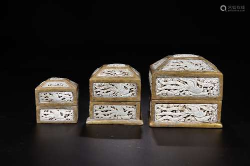 WHITE JADE PHOENIX PATTERN GILT BOXES SET FOR 3