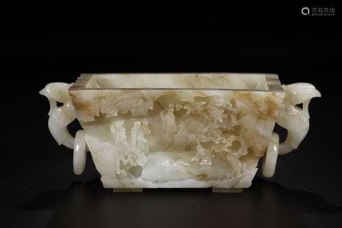 WHITE HETIAN JADE DOUBLE PHOENIX EAR SQUARE CUP