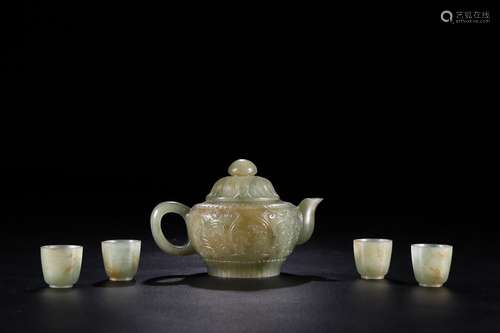 HETIAN JADE & COLOR TEA POT & 4 CUPS SET