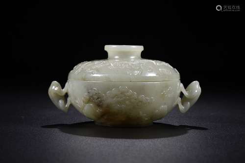 HETIAN JADE CARVED PINE PATTERN LING ZHI EAR CENSER