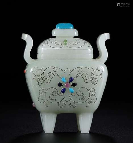 HETIAN JADE EMBEDDED BAI BAO FOUR LEGS CENSER