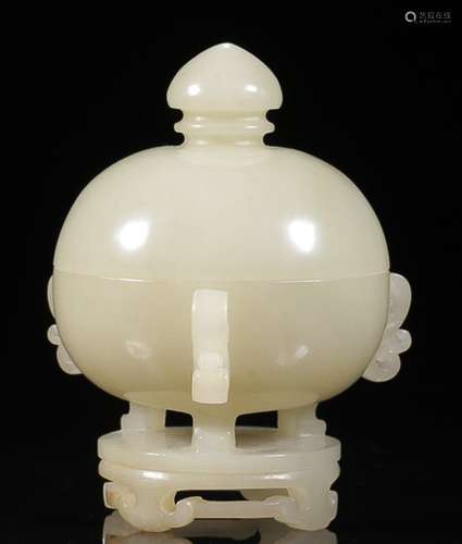 WHITE HETIAN JADE FLOWER EAR COVER CENSER