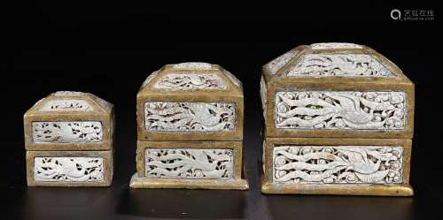 WHITE JADE PHOENIX GILT COVER BOXES FOR 3 IN ONE  SET
