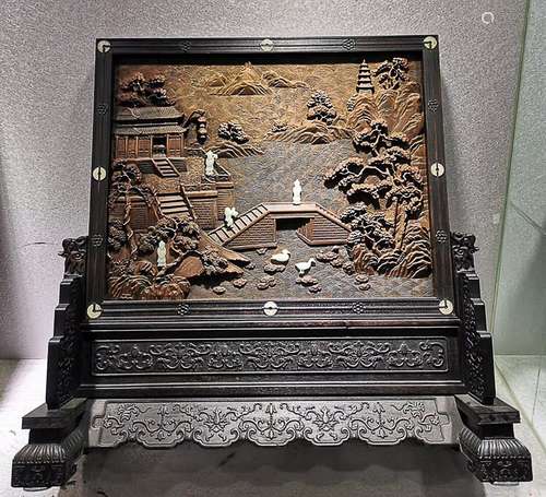 ROYAL STYLE ZITAN WOOD EMBEDDED HUANGYANG WOOD SHAN SHUI TABLE PLAQUE