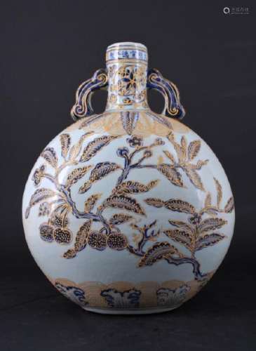 Chinese Ming Porcelain Blue&White Gold Gilt Flask