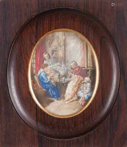 French School, 19th centuryMiniature on ivory with domestic sceneSigned 