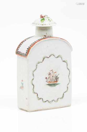 A tea caddyChinese export porcelainPolychrome decoration with English shipQianlong reign (1736 -