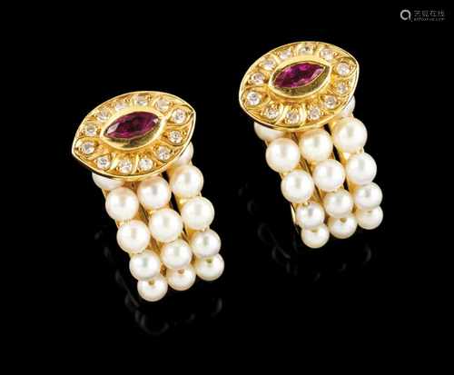 A pair of earringsTop set with marquise cut ruby, framed by small 8/8 cut diamonds and three pearl