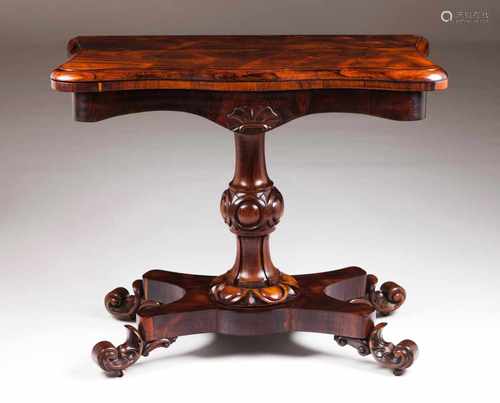 A Romantic tea tableRosewoodPart carved decoration with scrolls, shell and foliage motifs19th