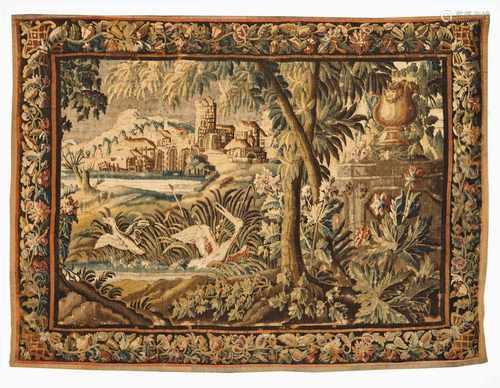 A tapestryPolychrome wool threads depicting landscape with buildings and birdsFrance, 18th century(