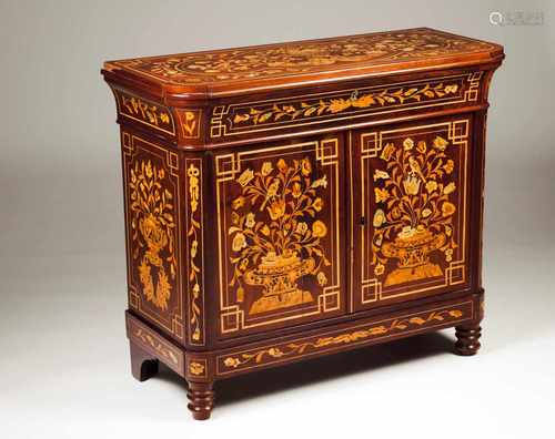 A small Dutch cabinetMahogany with marquetry decoration Depicting vases with flowersOne drawer and