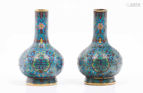 A pair of miniature vasesIn cloisonné metalDecorated in floral polychrome enamelsMarked on the