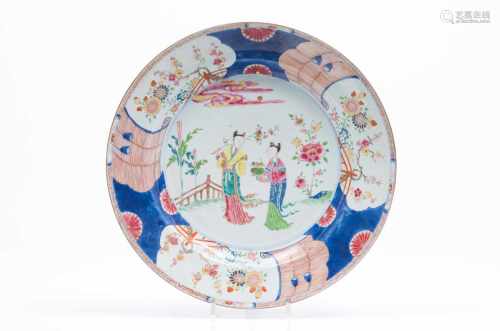 A large plateChinese export porcelainBlue underglaze, iron oxide and 