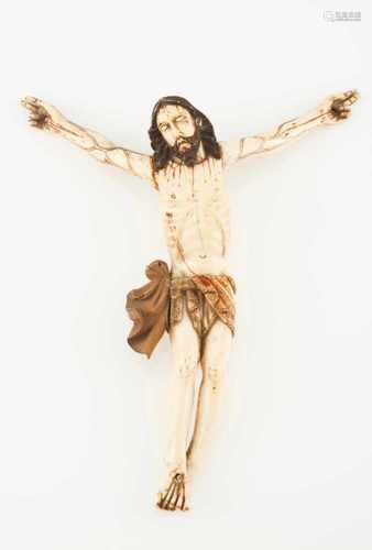 A Crucified ChristIvory Indo-Portuguese sculpturePartially polychrome and giltWooden lention