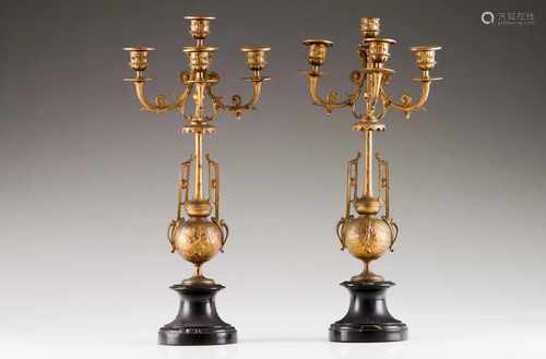 A pair of five branch candelabraGilt bronzeRaised decoration with marble stand19th century(signs